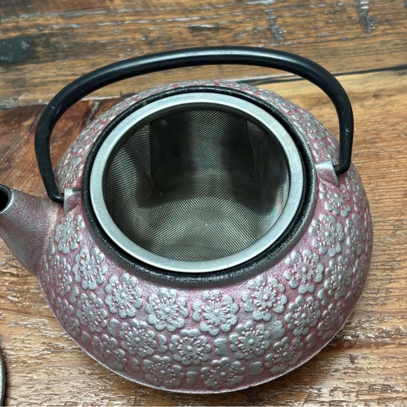 Teavana Japanese Pink Cherry Blossom Cast Iron Teapot Kettle Stainless Strainer - Picture 3 of 9